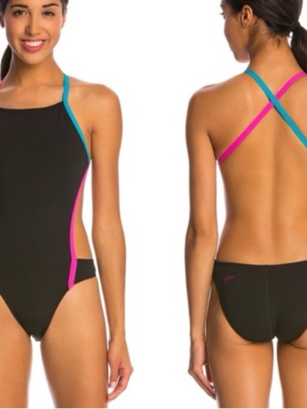 Speedo Vee 2 Color Block swimsuit in black with pink and blue